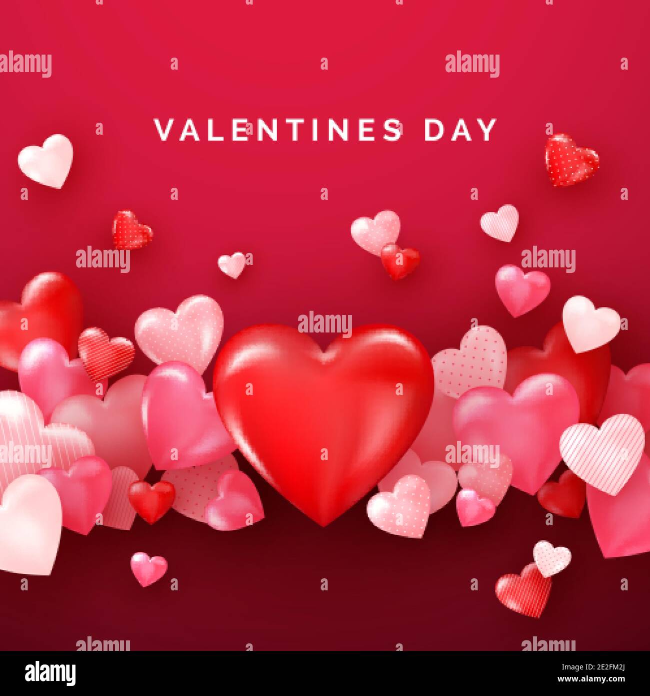 Valentinskarte mit rot glänzenden Herzen. Helle Valentine`s Tag Hintergrund. Vektor Stock Vektor